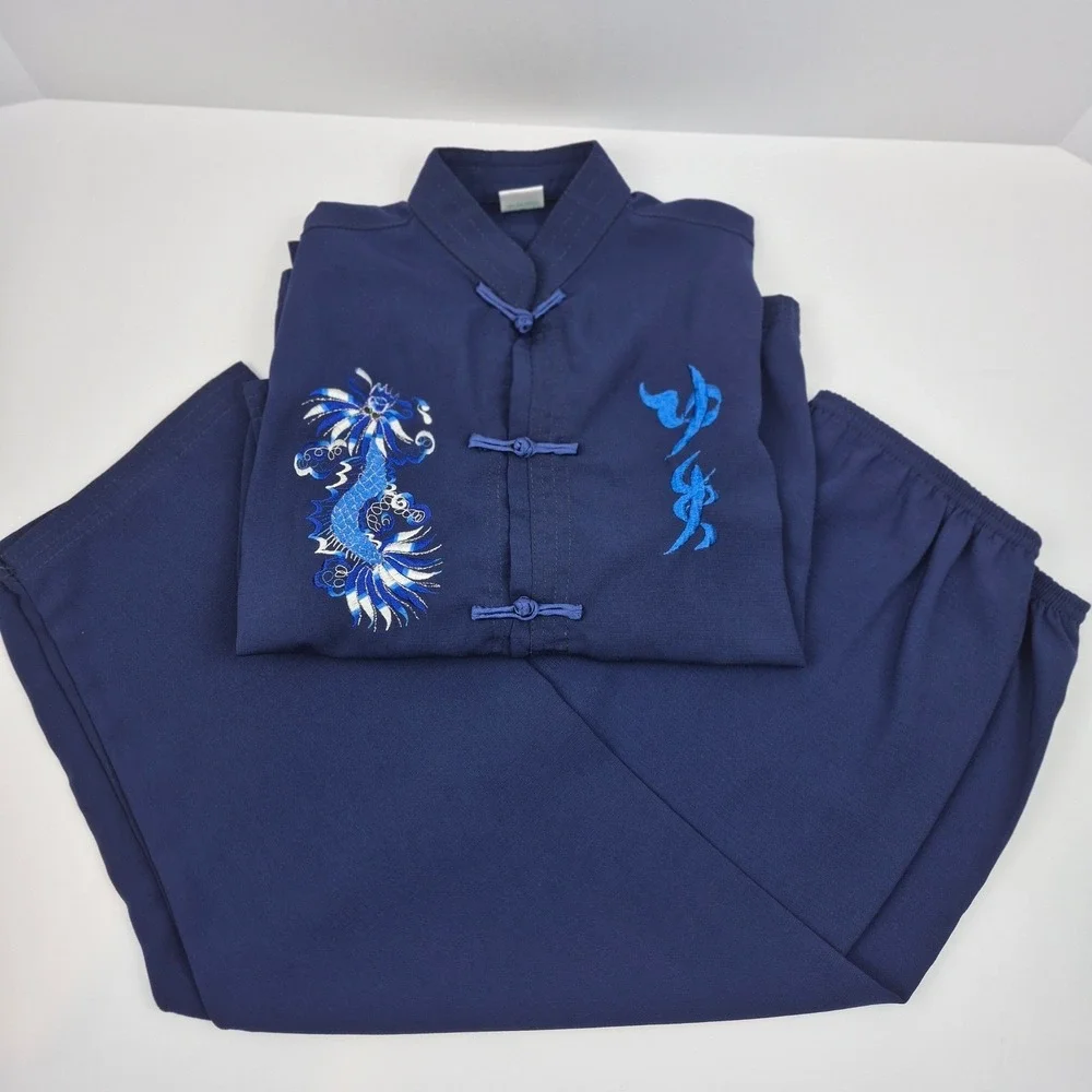 Vtg Mimi Kids Dragon Embroidered Asian Outfit Set‎ Navy Blue Top Pants Sz 10 Y2K